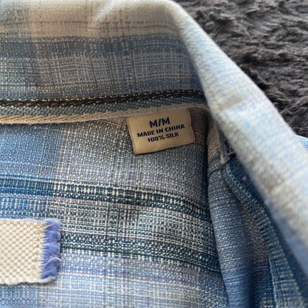 Tommy Bahama Mens M Short Sleeve Button Up Blue Plaid Silk Shirt‎
